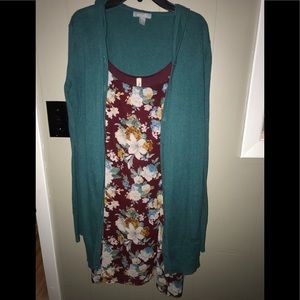 Teal cardigan & maroon spaghetti strap dress